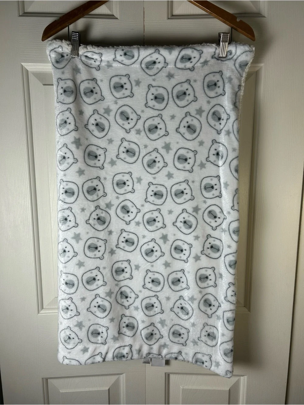 Modern Baby Teddy Bear Face Stars Blanket Gray White Sherpa Security Lovey